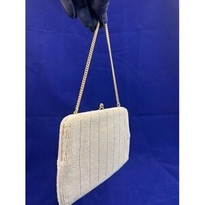Vintage 1960s Ivory Beaded Clutch Evening Bag Kiss Lock Gold Chain Purse